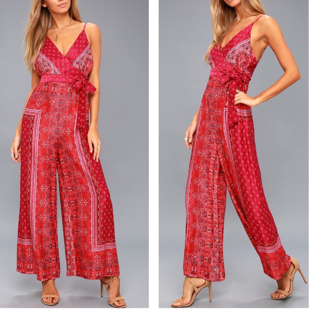 Free People Cabbage Rose Boho Wrap Top Waist Tie Satin Wide Leg Jumpsuit Size 2‎ - Picture 2 of 12